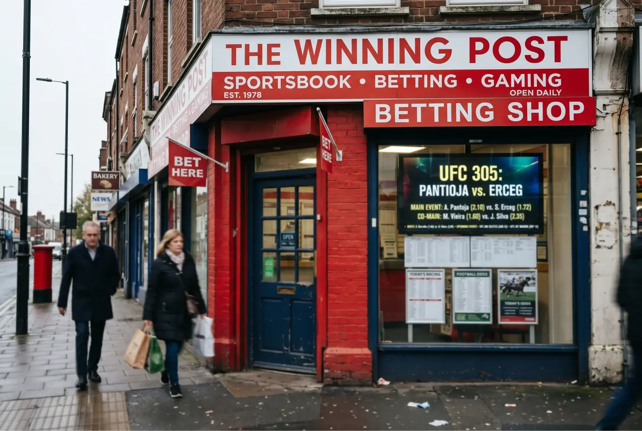A high-street bookmaker shopfront with UFC fight odds displayed on a digital screen in the window