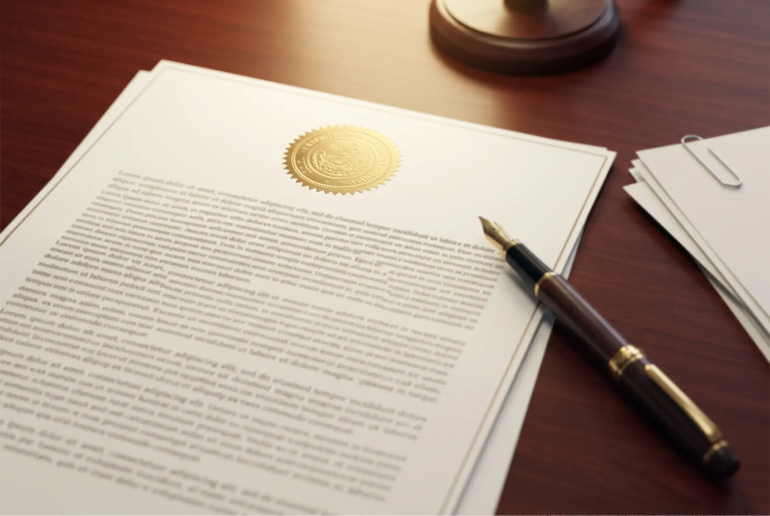 Official document with a seal and pen on a desk representing gambling regulatory compliance