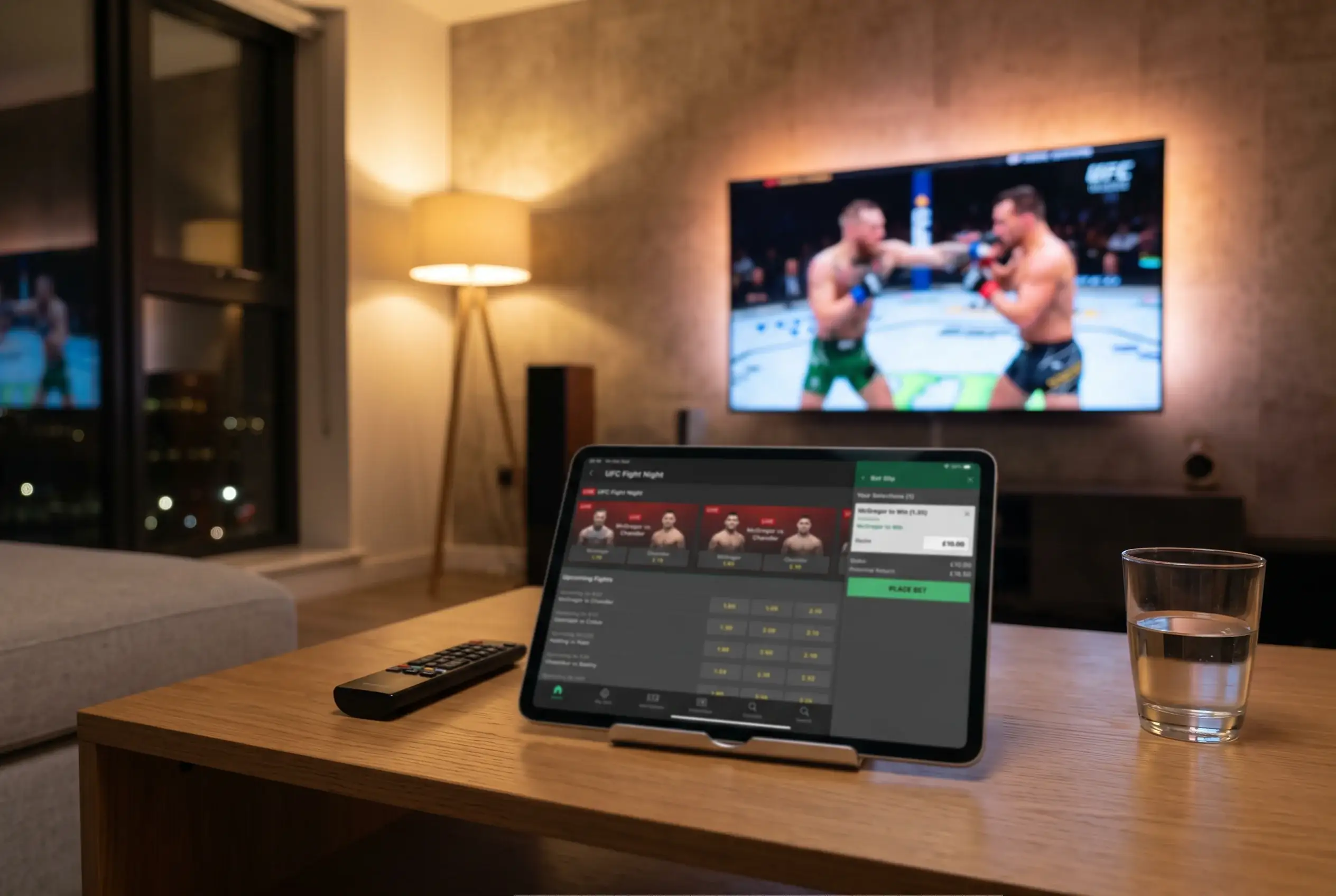 Tablet showing a UFC betting app interface with live fight odds and a bet slip sidebar